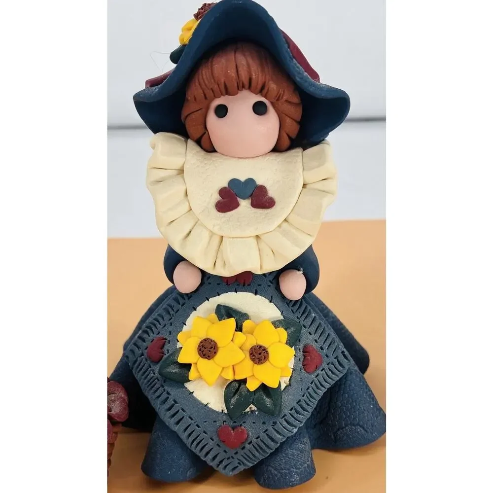 Vintage 1994 Polymer Clay Sheree Soles Woman, Bear w/ Flowers, Floral Bouquet - Picture 3 of 6